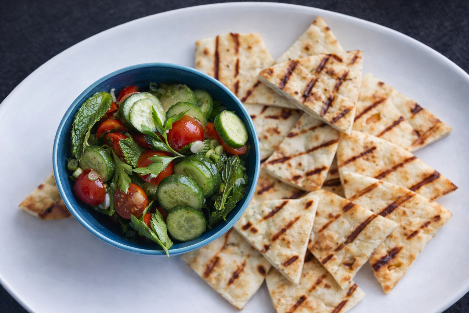 Cucumber Tomato Salad with Grilled Naan