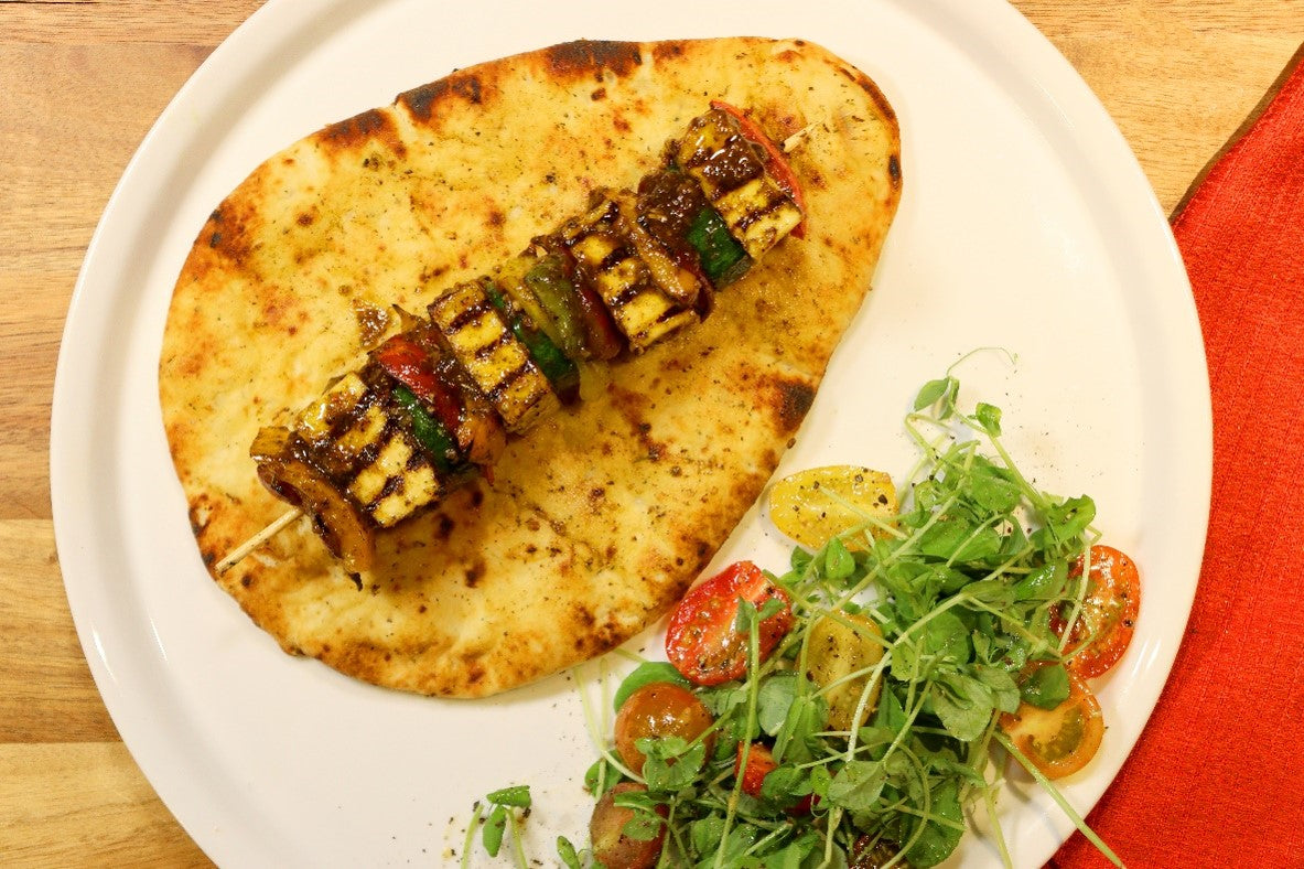 Grilled Tofu & Veggie Kebabs with Garlic Naan