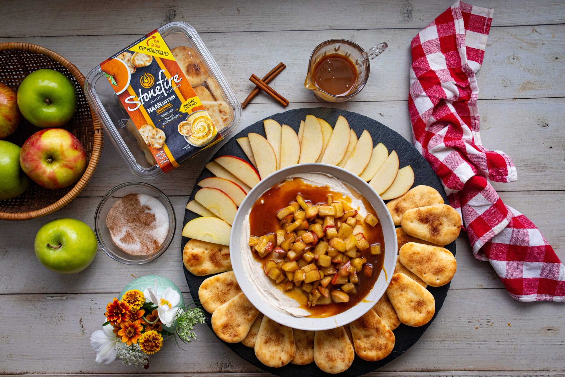 Caramel Apple Cheesecake Dip with Cinnamon Sugar Naan Dippers