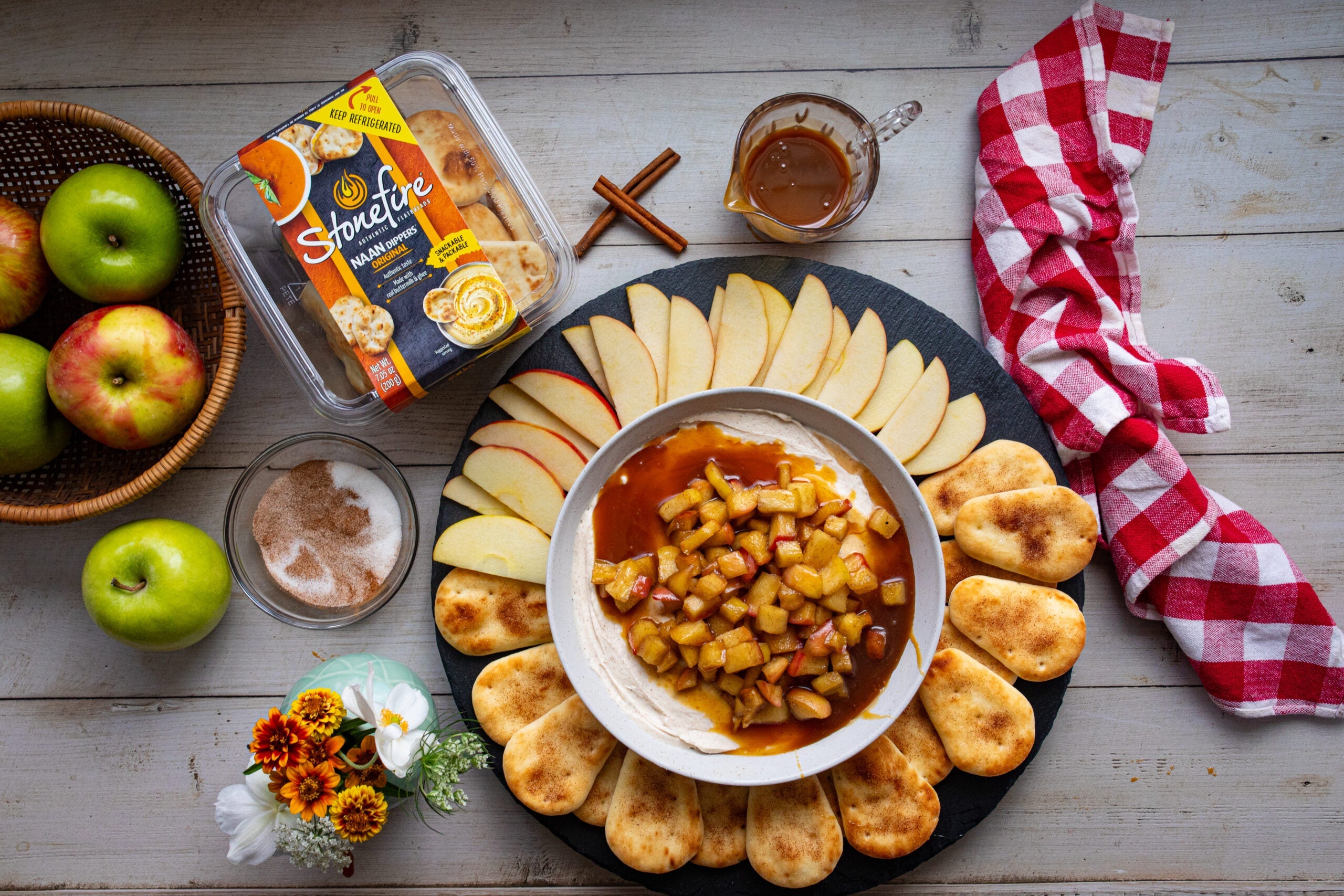 Caramel Apple Cheesecake Dip with Cinnamon Sugar Naan Dippers