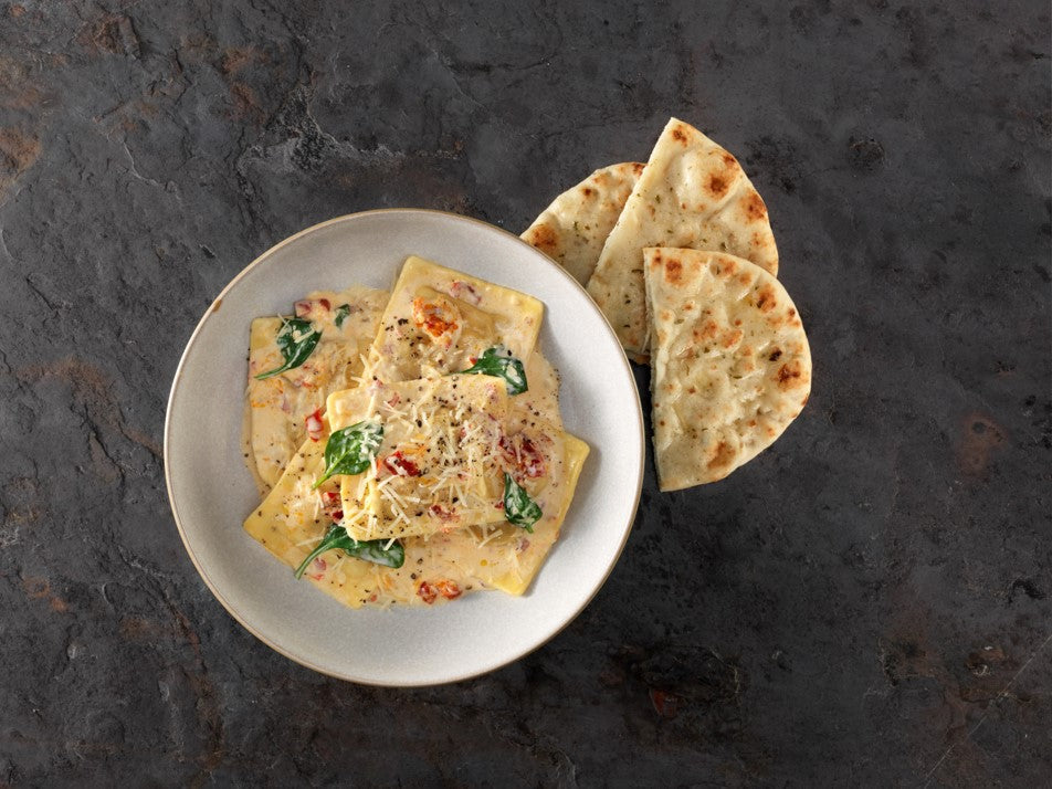 Cheesy Ravioli with Garlic Butter Mini Naan
