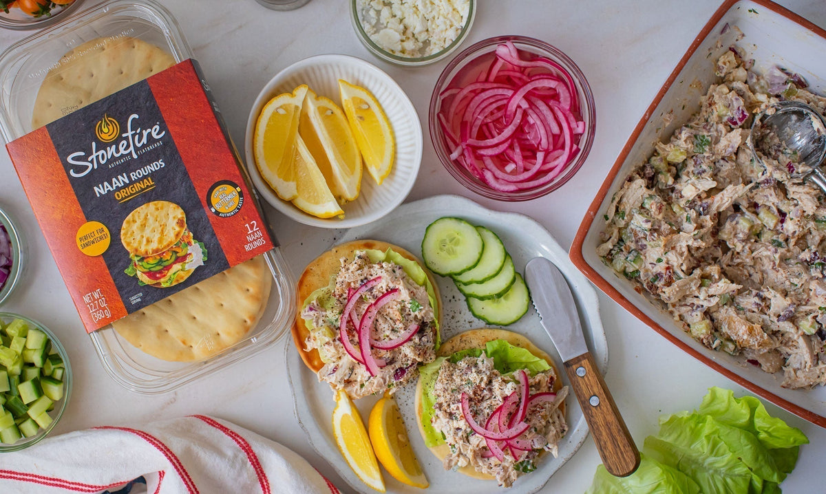 Greek Chicken Salad on Stonefire Naan Rounds