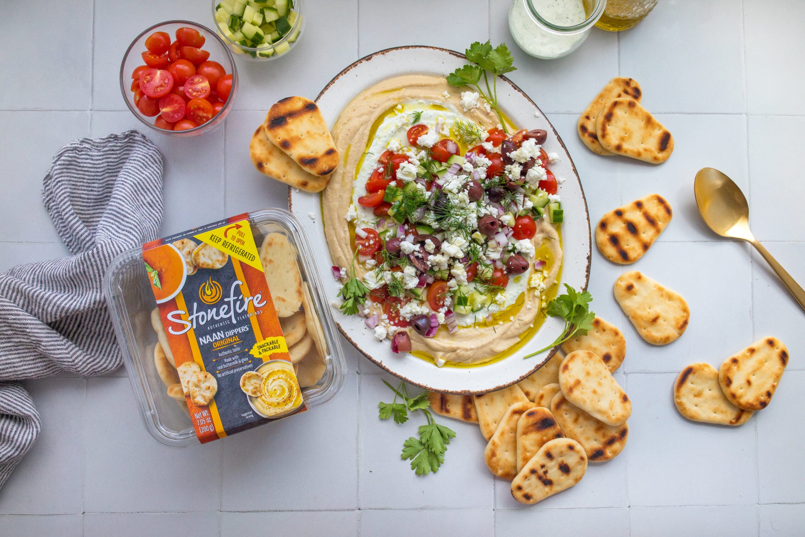 Greek-Style Loaded Hummus with Grilled Stonefire Dippers