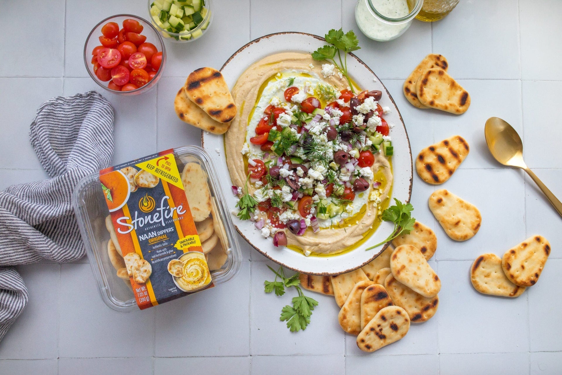Greek-Style Loaded Hummus with Grilled Stonefire® Naan Dippers®