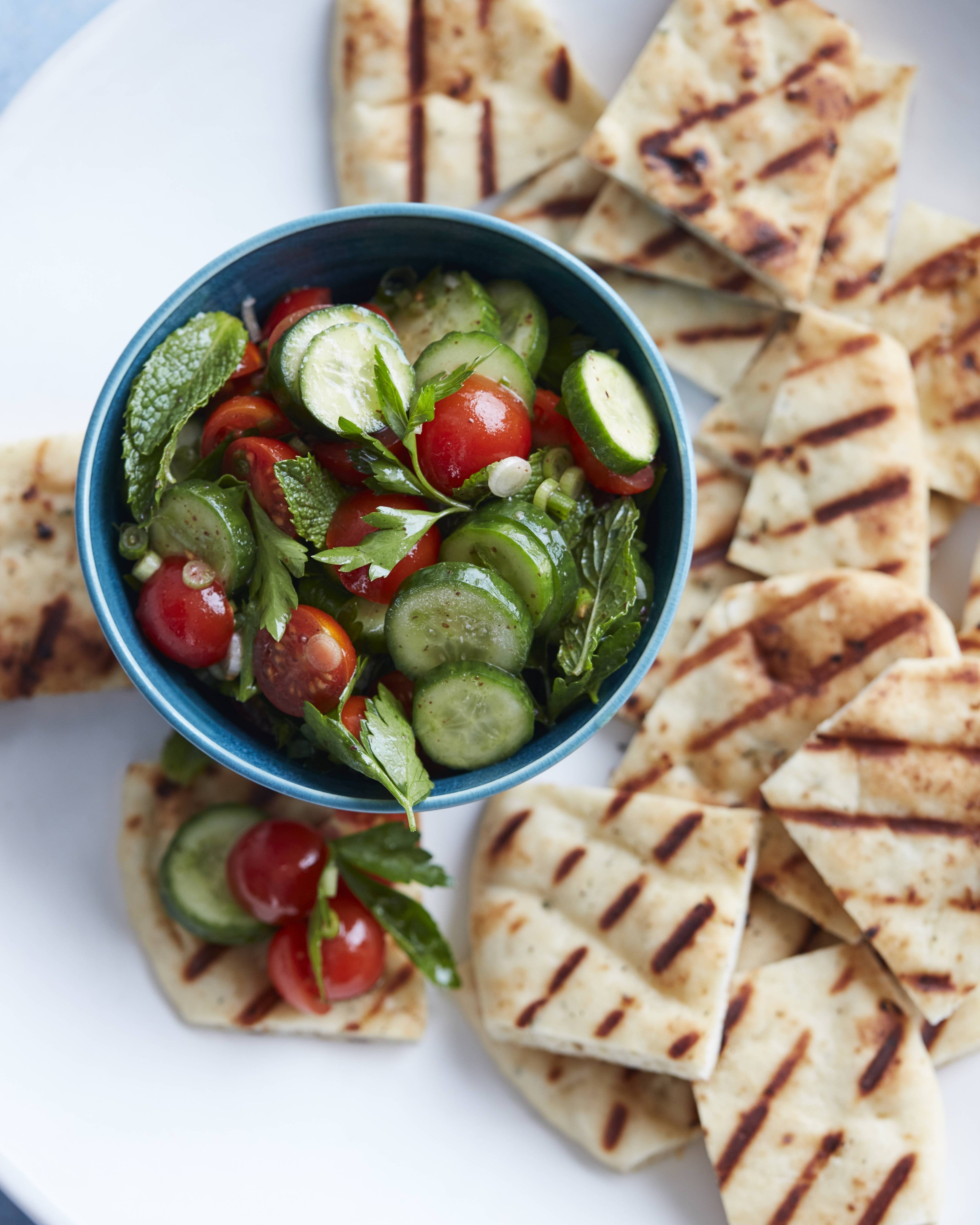 Cucumber Tomato Salad with Grilled Naan