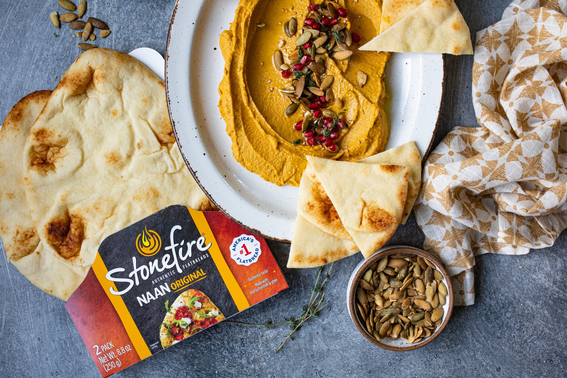 Pumpkin Spice Hummus with Stonefire Naan