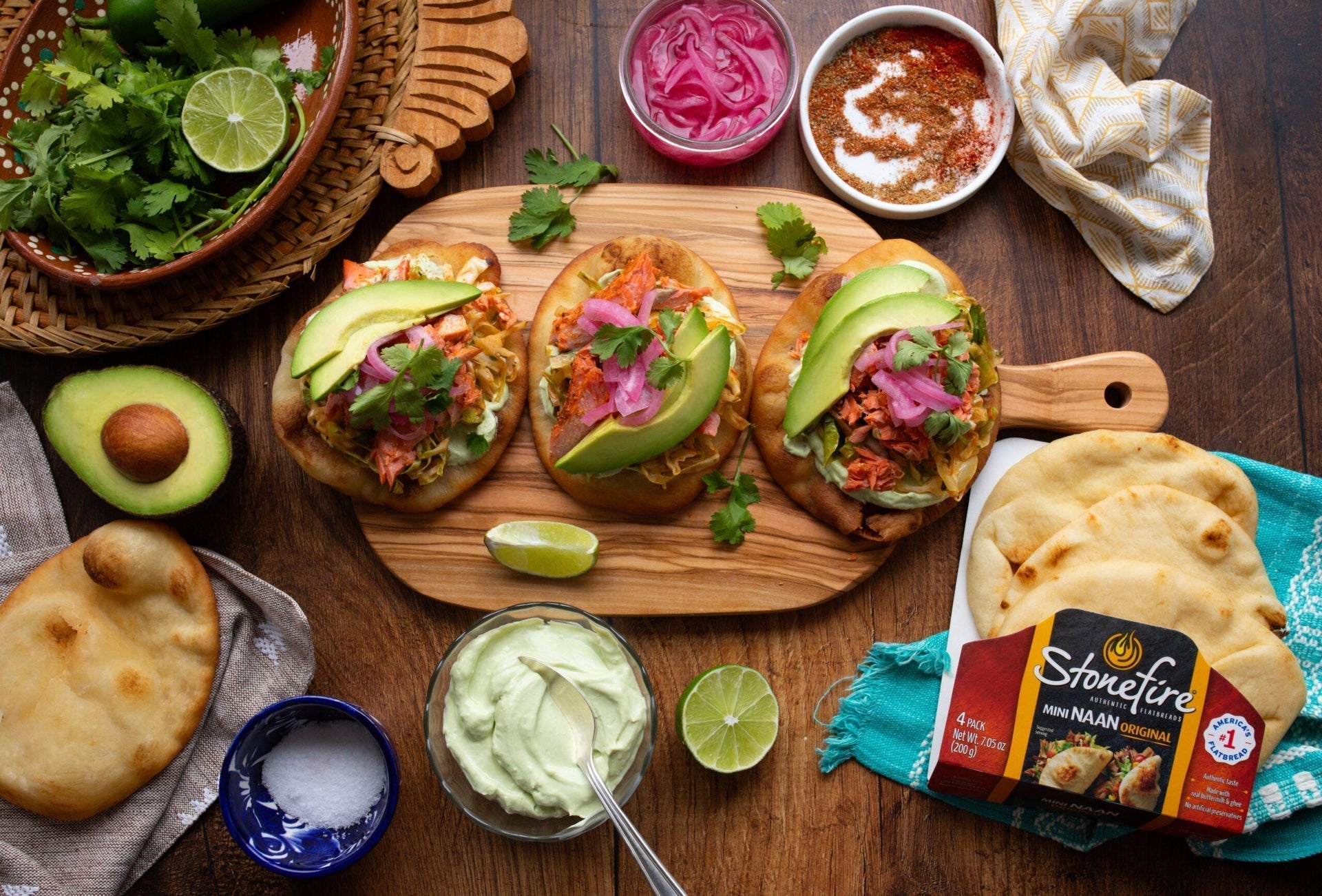 Salmon Naan Tostadas with Herby Cabbage Slaw & Avocado Ranch Crema