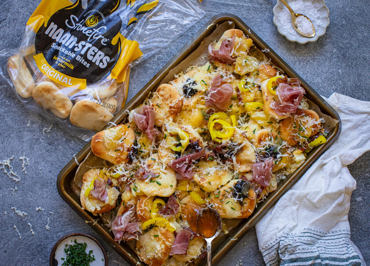 Charcuterie Naan Nachos with Brie, Prosciutto & Hot Honey
