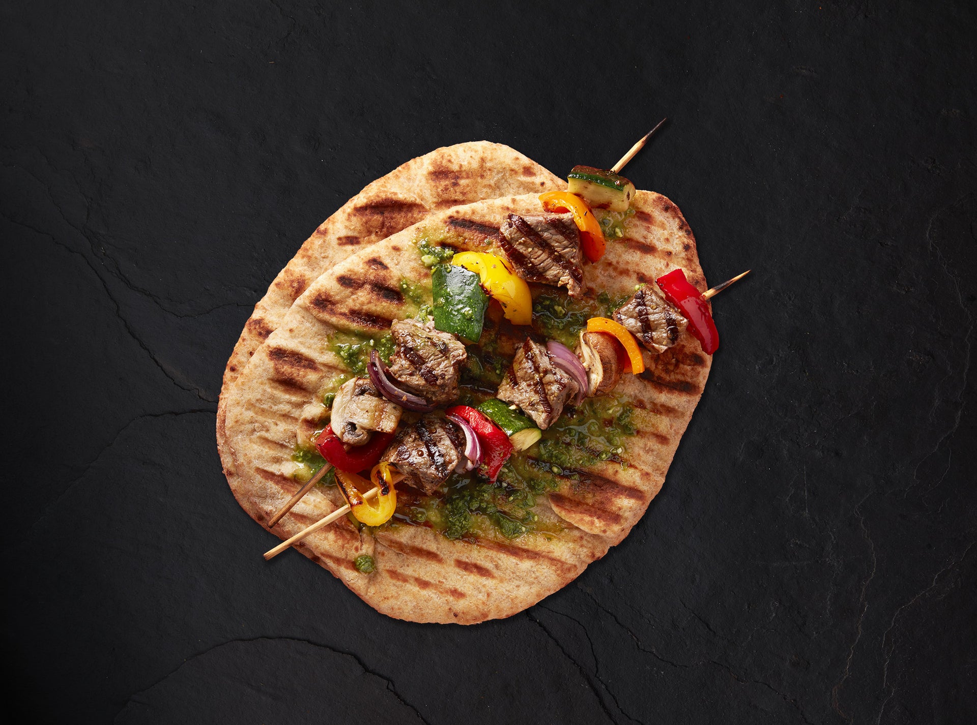 Beef and Veggie Kabobs with Grilled Whole Grain Naan