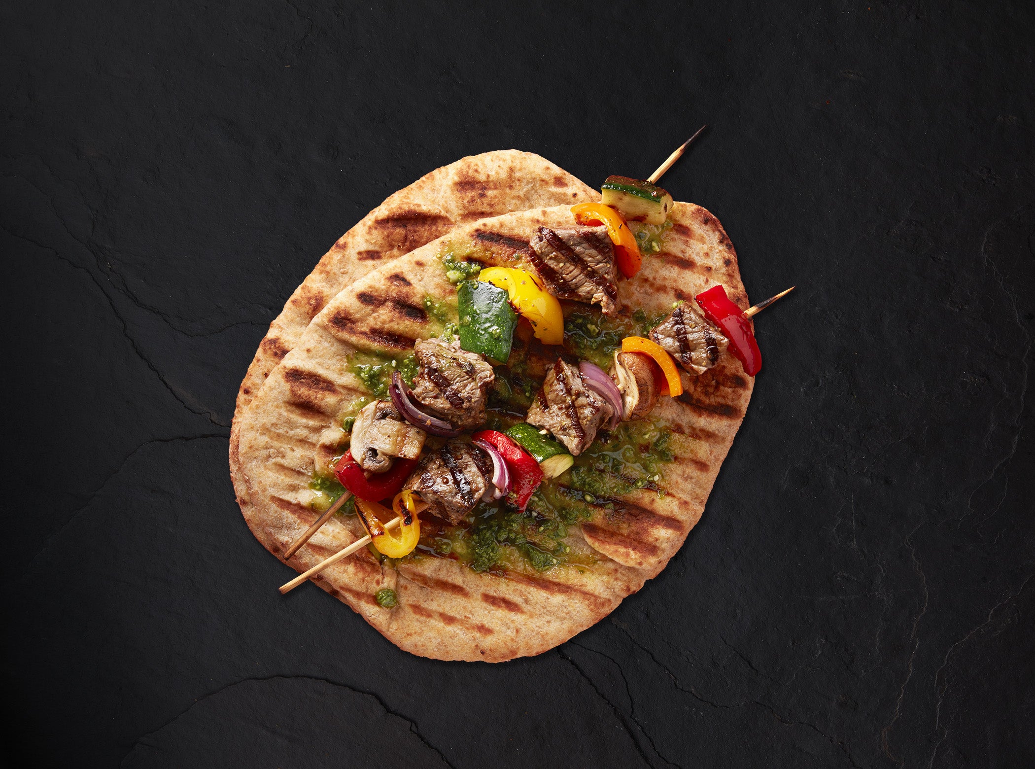 Beef and Veggie Kabobs with Grilled Whole Grain Naan