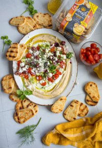 Loaded Hummus with Stonefire Naan Dippers, easy no cook Game Day Appetizer